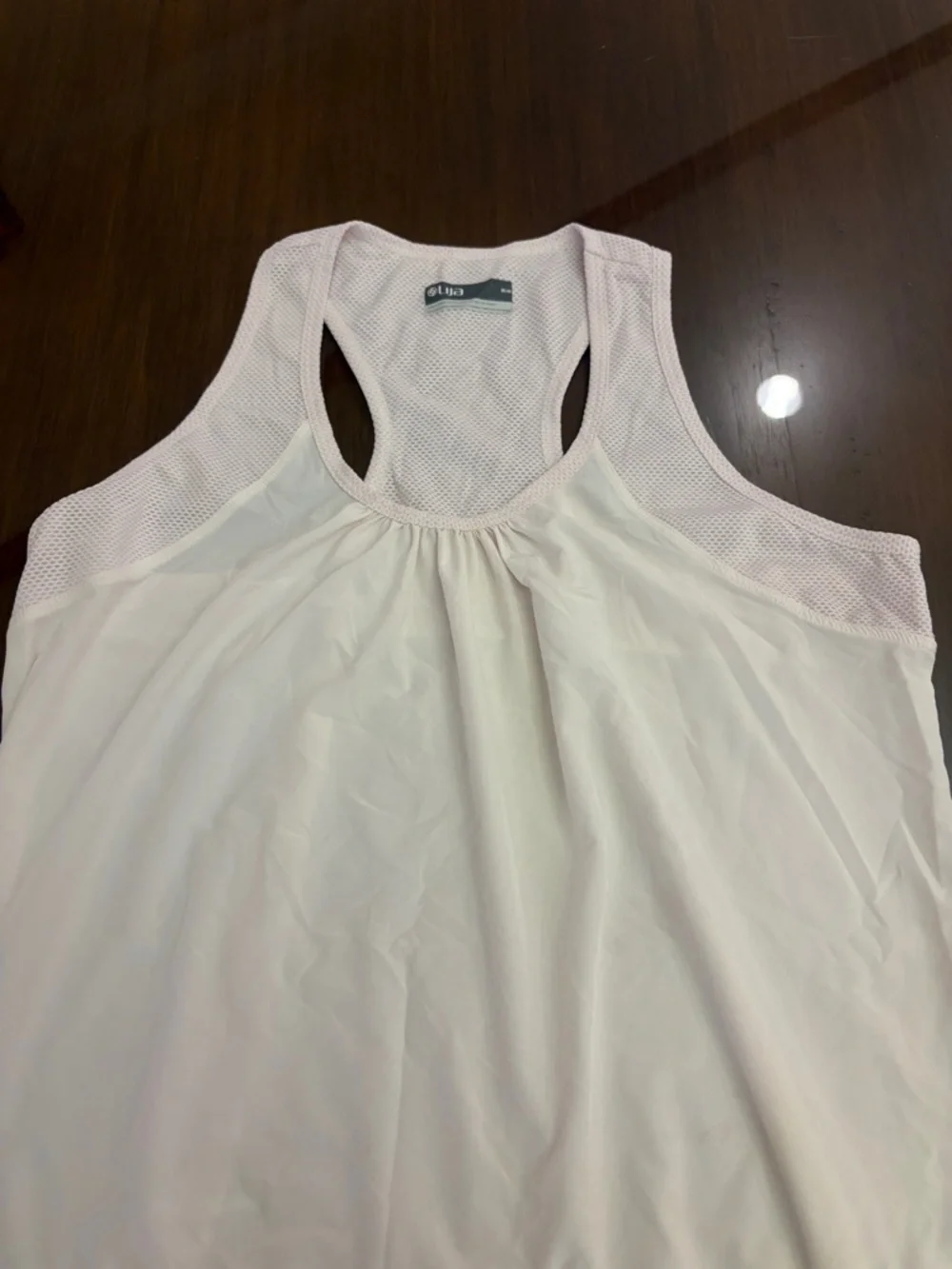 Lija White Racerback Tank with Light pink Mesh Yoke Size Medium